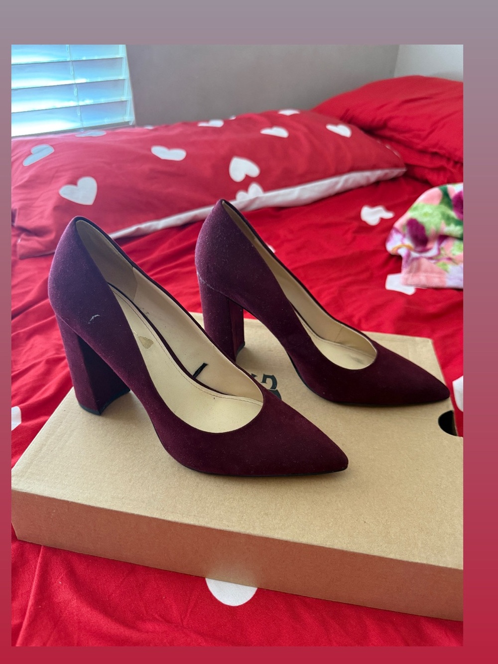 Nine West Wine Suede Pointed Block Heel Pumps